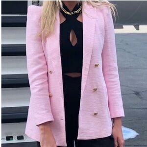 Zara Pink Tweed Texture Tailored Double Breasted Blazer With Shoulder Pads Small